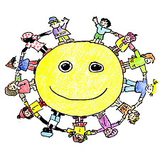 Smiley mit einem Kreis von sich an den händen haltenden Kindern