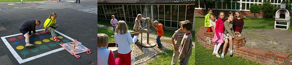 Drei Fotos zu Spielmöglichkeiten in der Grundschule Grolland