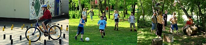 Drei Bilder mit Kindern, die Fahrrad fahren, Fußball spielen und auf Bäume klettern